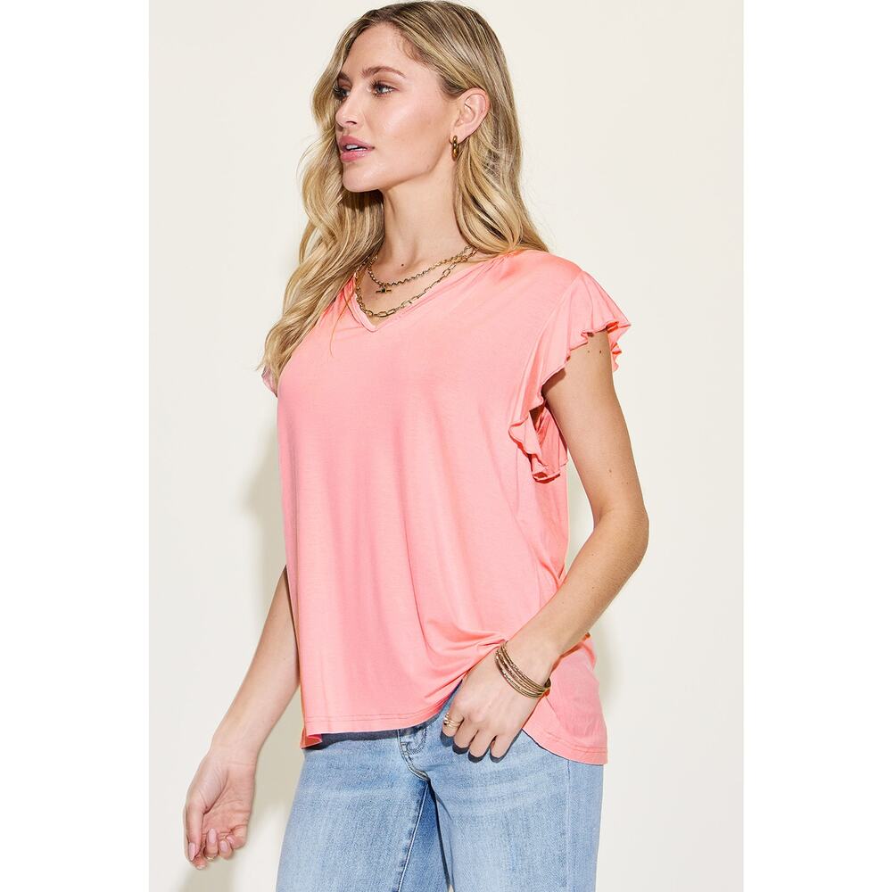 Basic Bae Blush Pink Bamboo Ruffle Notched V-Neck Short Sleeve Top Misses Size - Picture 2 of 4